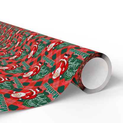 Red/Green Plaid Santa & Tree Custom Name Wrapping Paper (Matthew)