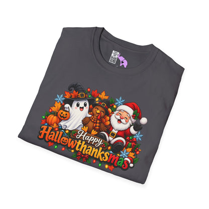 Hallowthanksmas Shirt (Ghost/Turkey/Santa) Adult T-shirt