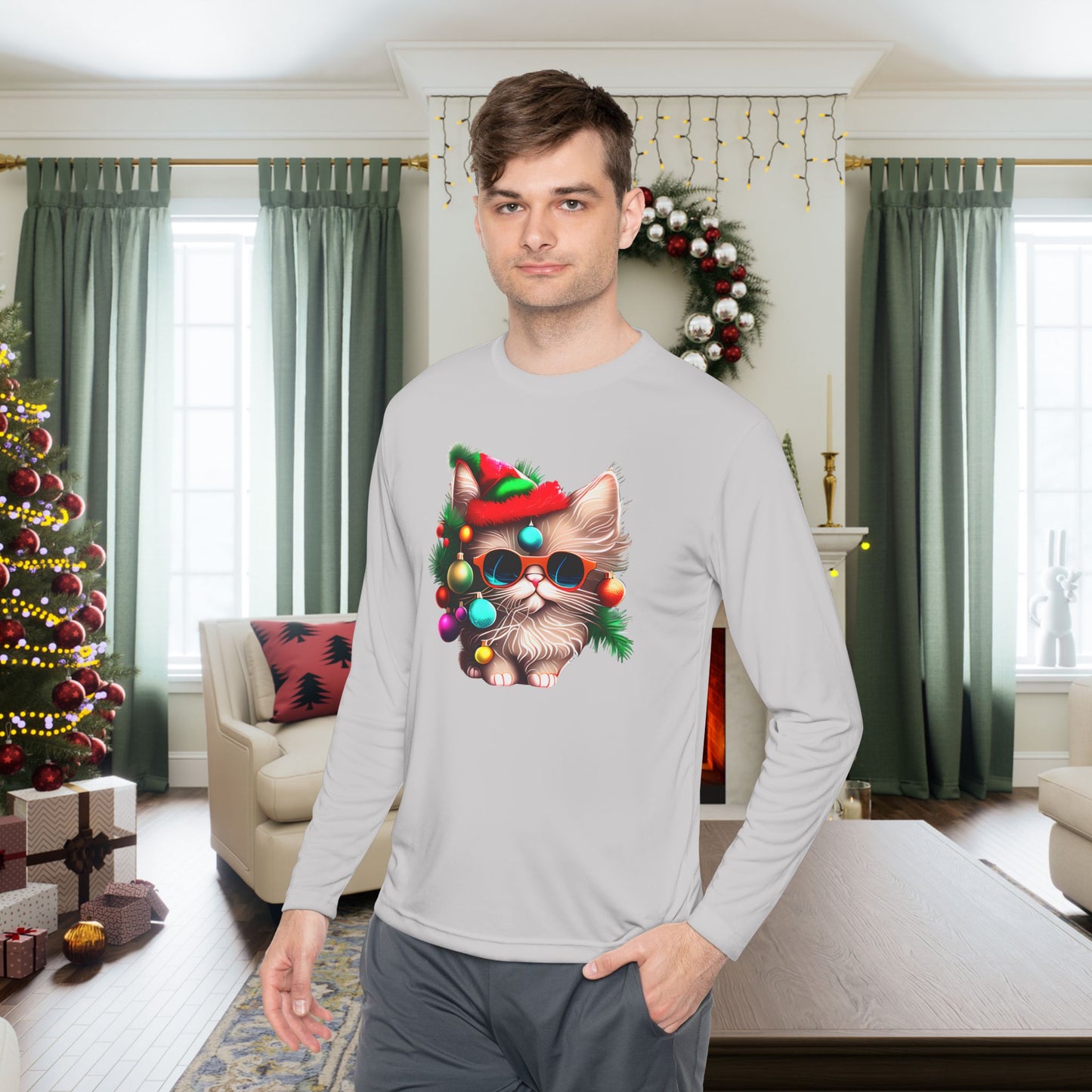 Colorful Christmas Tree Kitty Adult Long Sleeve Tee