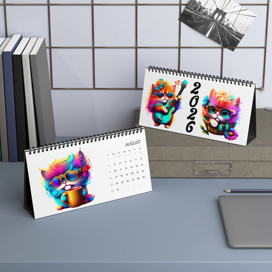 2026 Colorful Cat Desktop Calendar — Cute Kitten Monthly Grid Planner
