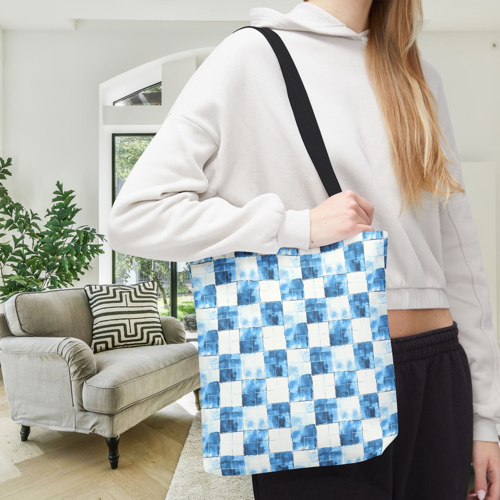 Cozy Blue Checkered Canvas Tote Bag