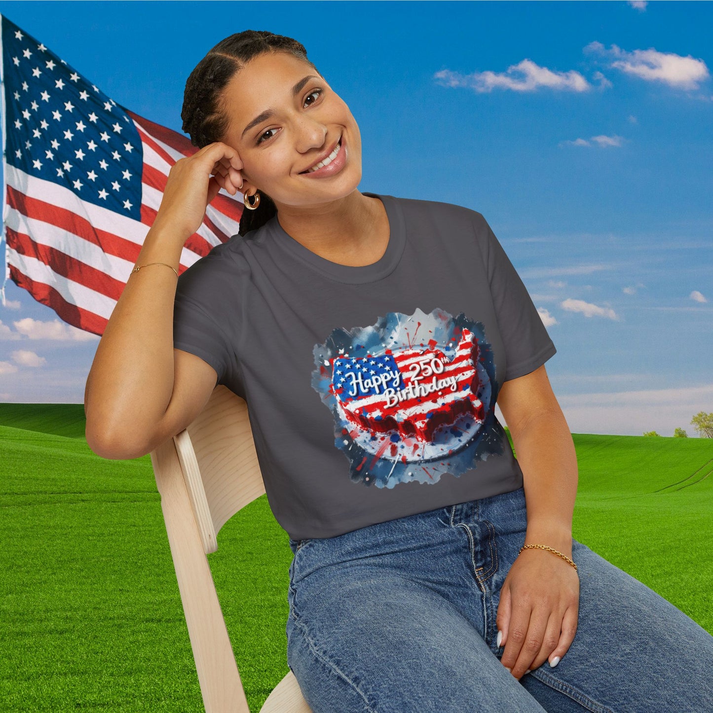 America-Shaped Happy 250th Birthday Cake Adult T-shirt