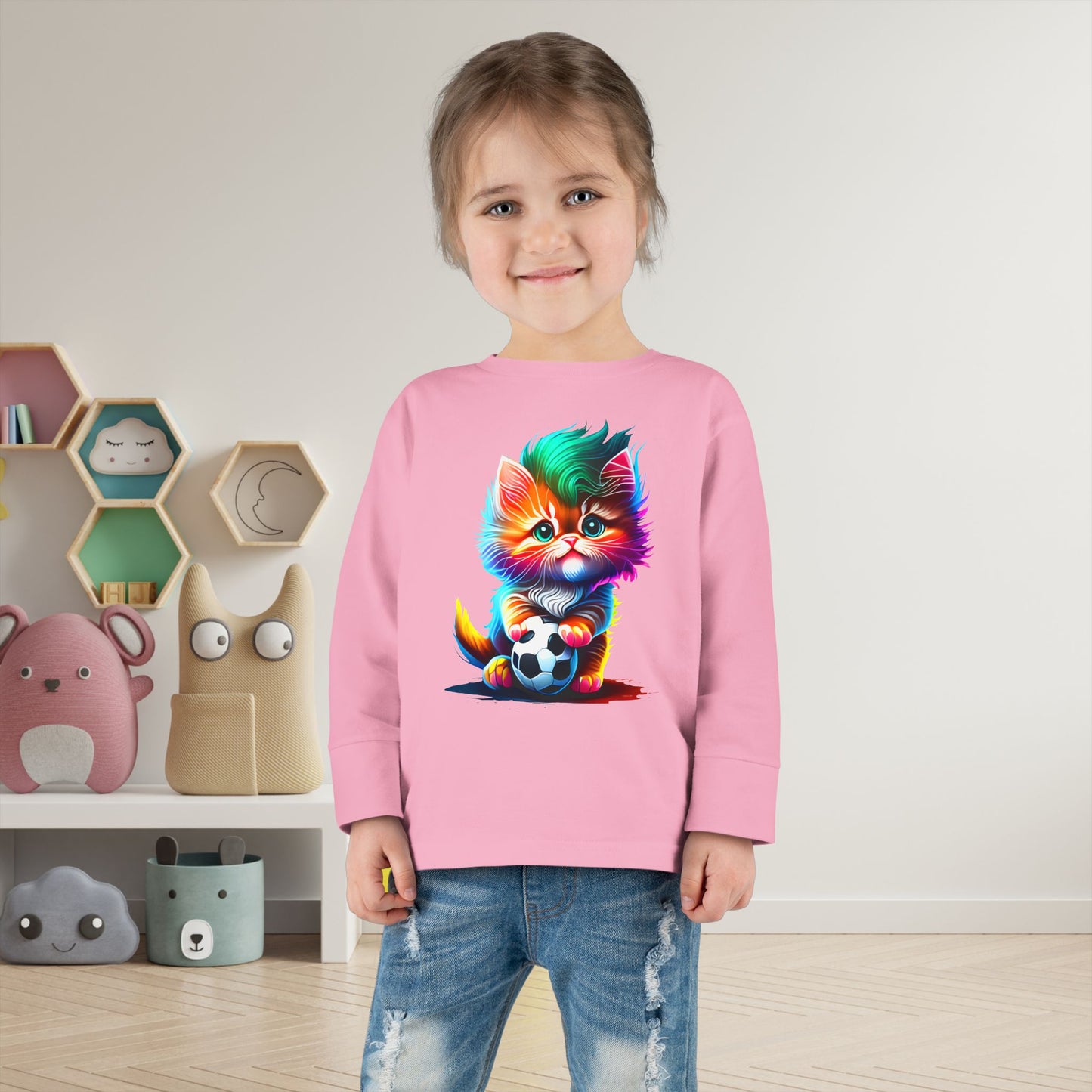 Cute Colorful Kitten w/Soccer Ball Toddler Long Sleeve Tee