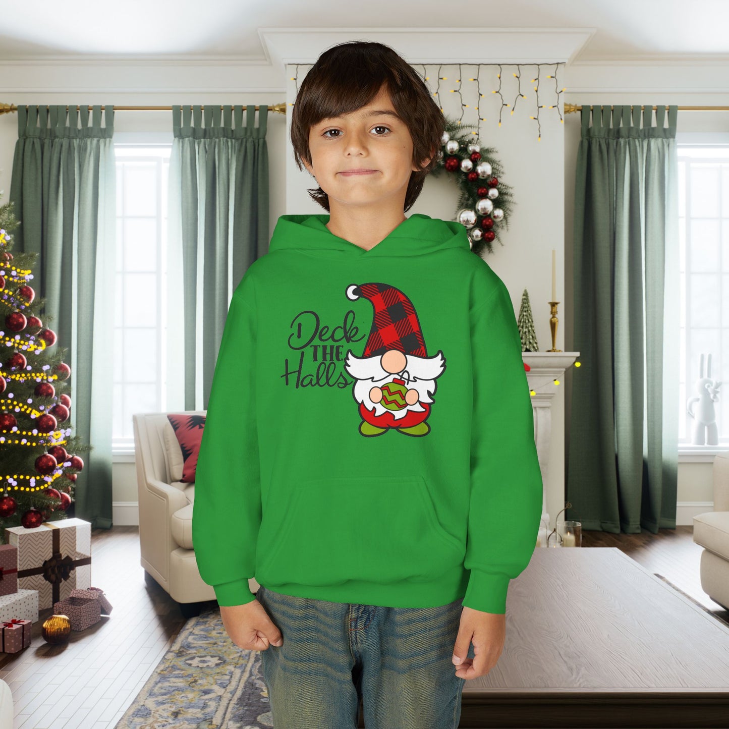 Deck the Halls Plaid Gnome Youth Hoodie