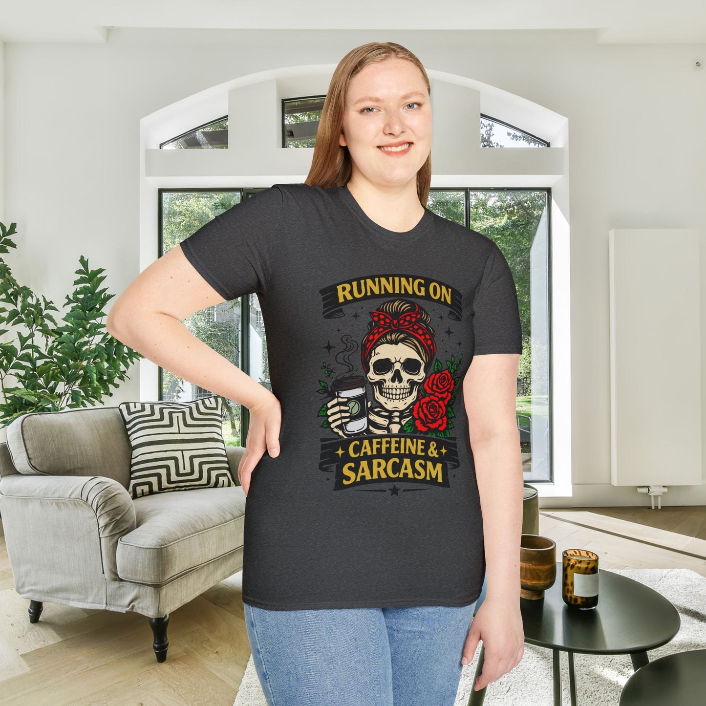 Running on Caffeine and Sarcasm (Roses) Adult T-shirt