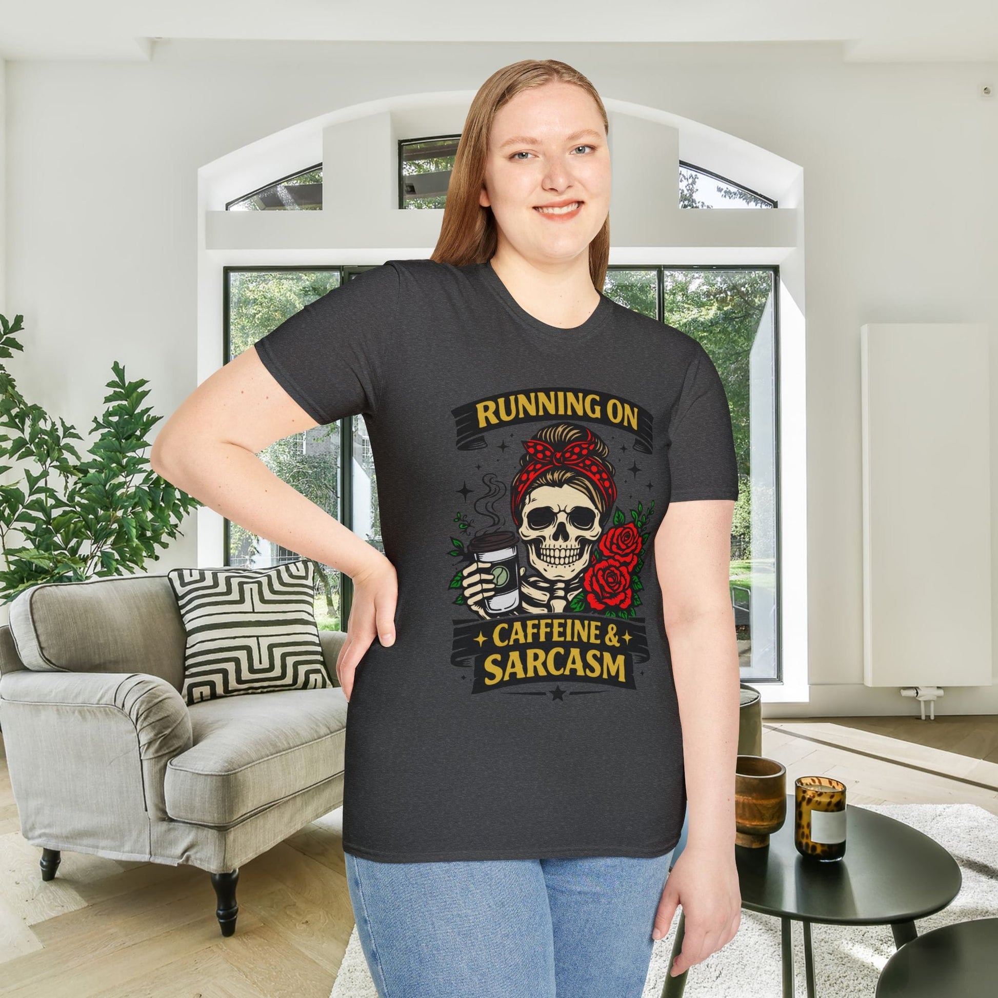 Running on Caffeine and Sarcasm (Roses) Adult T-shirt