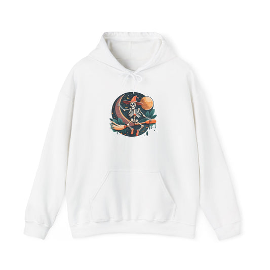 Skeleton Over Moon on Broomstick Heavy Blend™ Hooded Sweatshirt