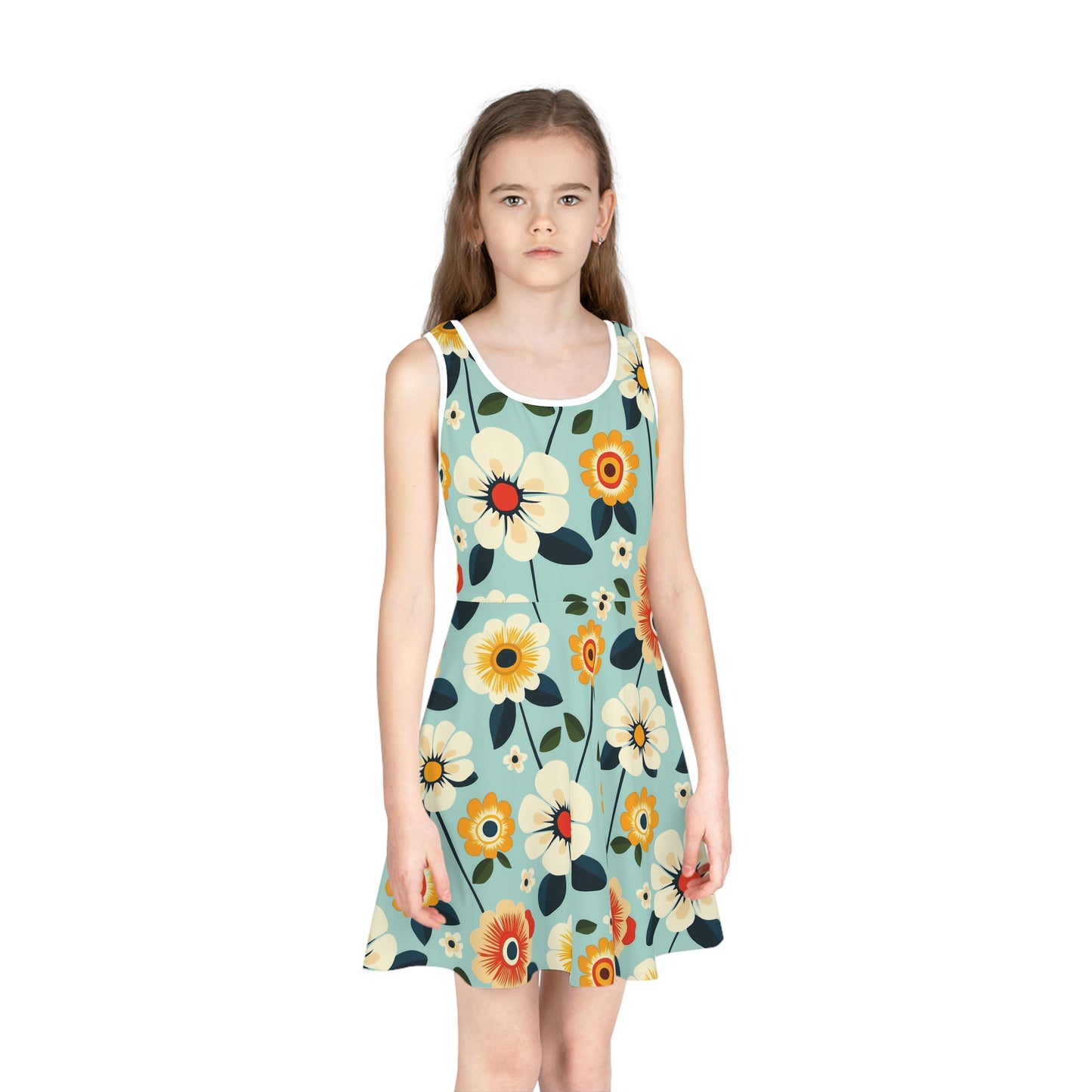 Vivid Flowers on Teal Print Girls' Sleeveless Sundress - Perfect for Summer Parties & Playdates