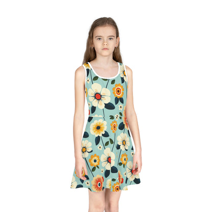 Vivid Flowers on Teal Print Girls' Sleeveless Sundress - Perfect for Summer Parties & Playdates