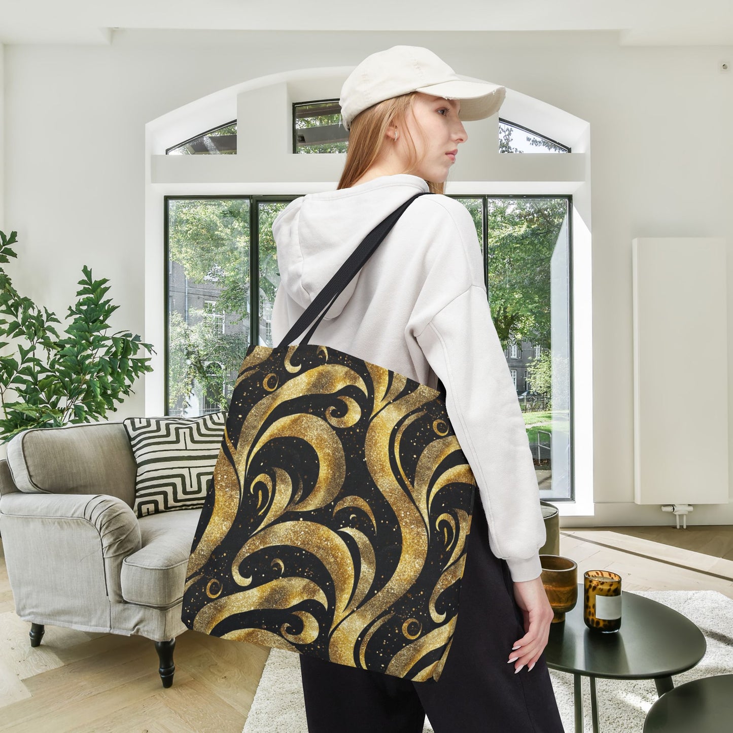 Black & Gold Luxe Swirl Canvas Tote Bag