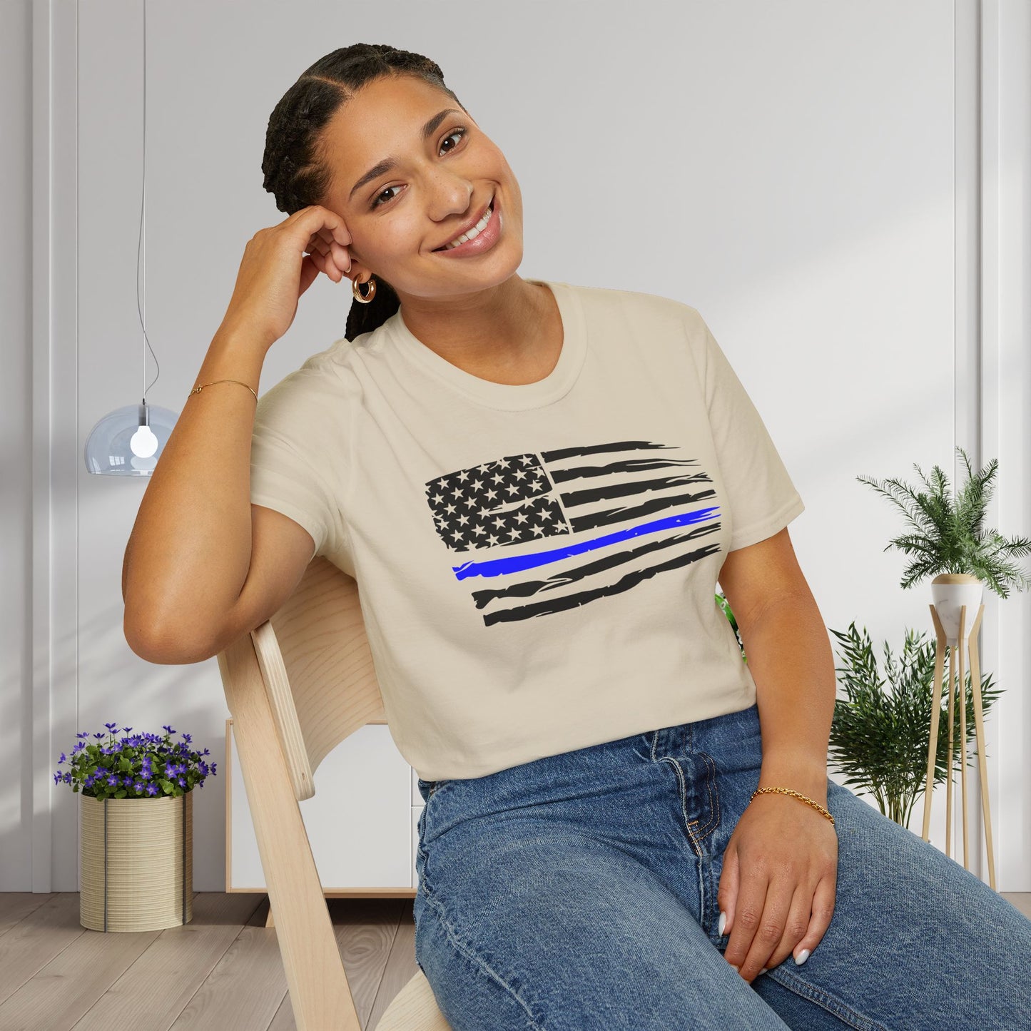 Thin Blue Line American Flag Adult T-shirt