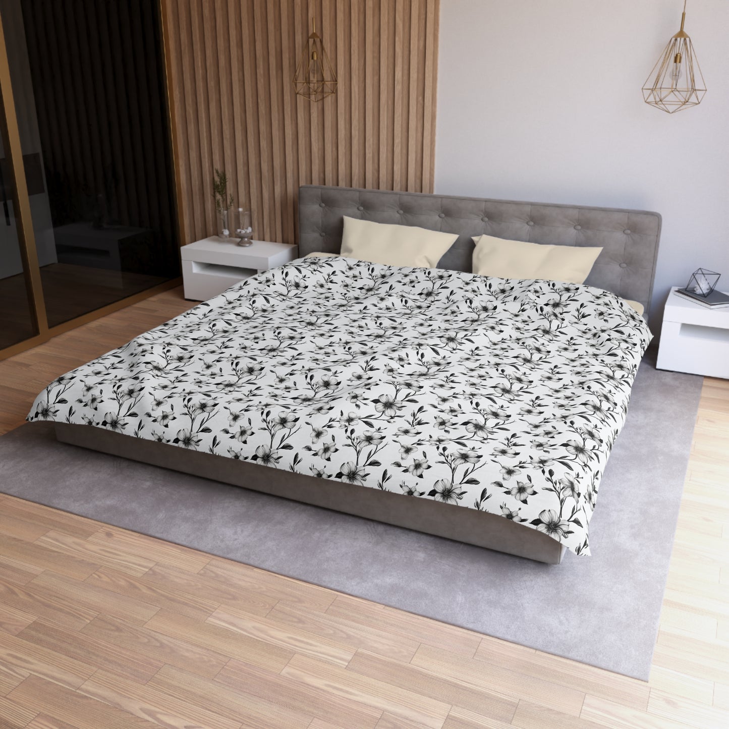Black & White Five Petal Floral Duvet Bedding Set