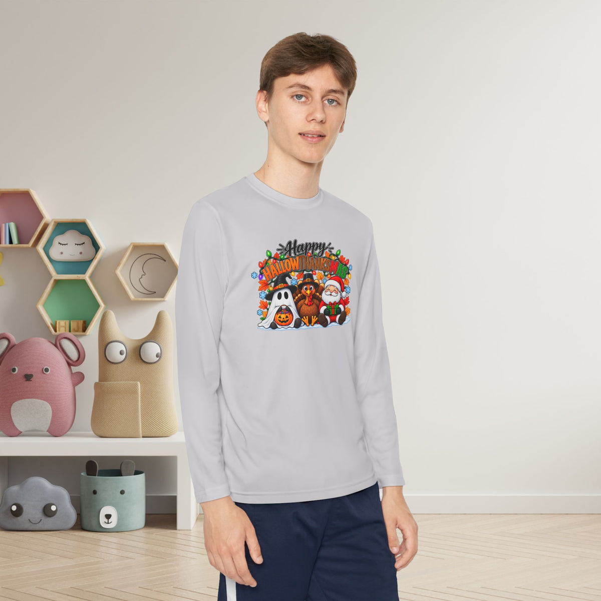 Happy Hallowthanksmas (String Lights) Youth Long Sleeve Tee