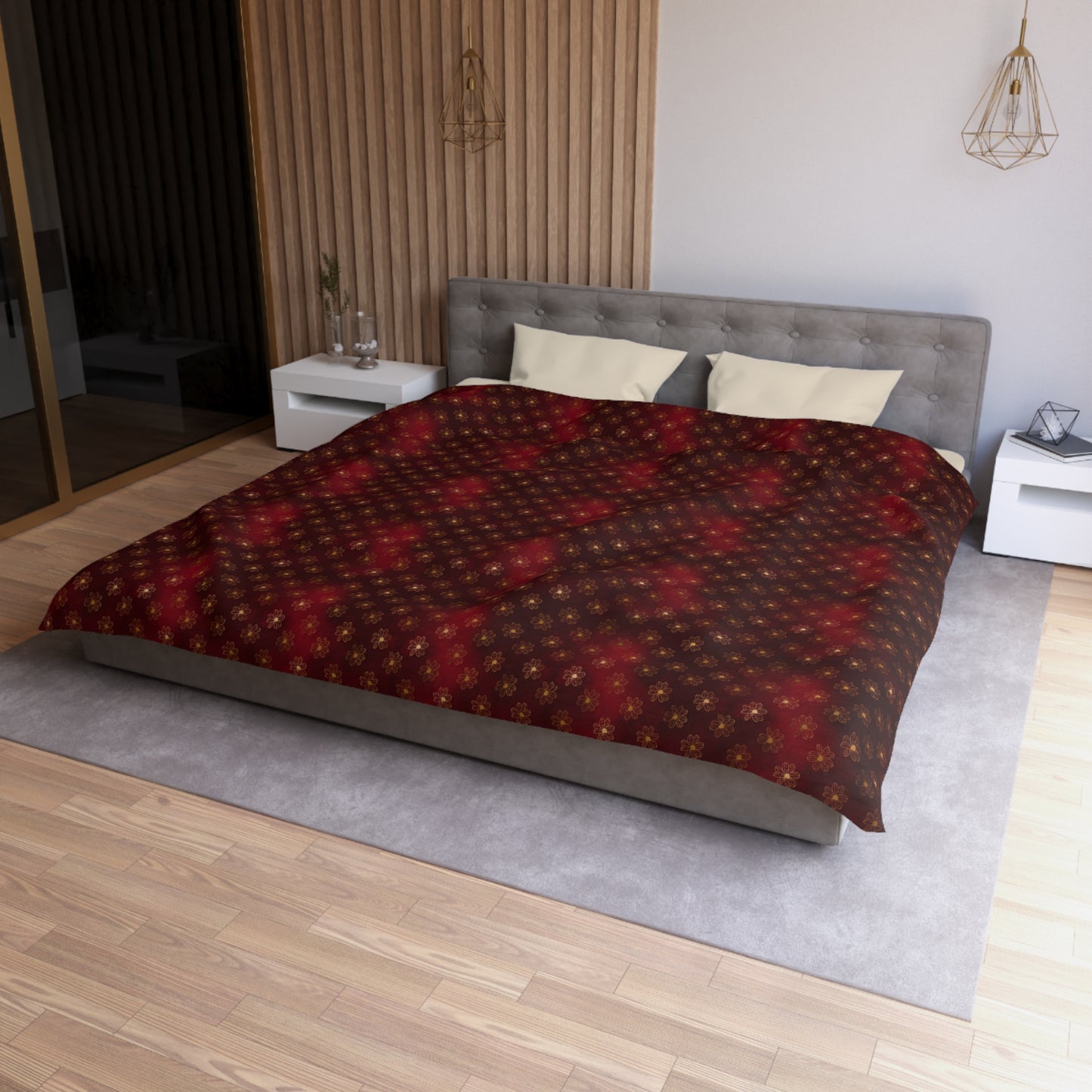 Crimson Gilded Daisies Duvet Bedding Set