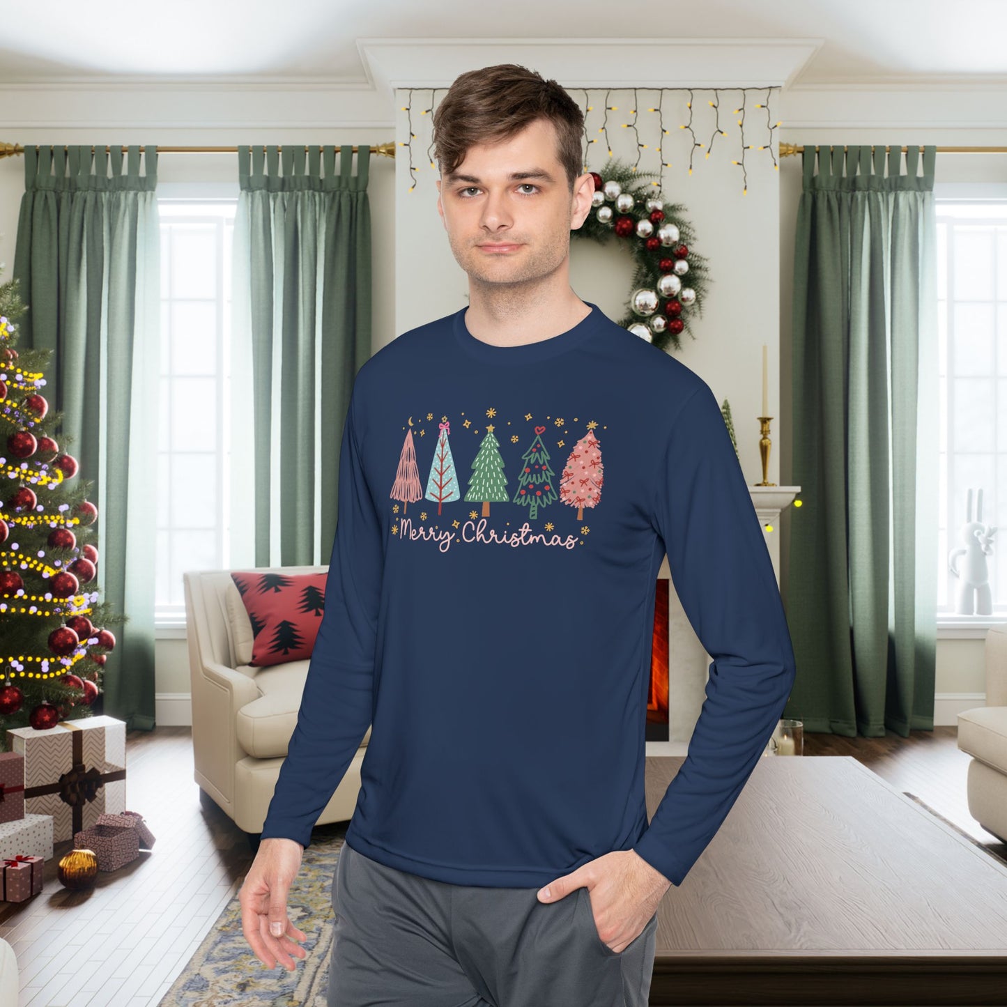 Merry Christmas Trees & Stars Adult Long Sleeve Tee