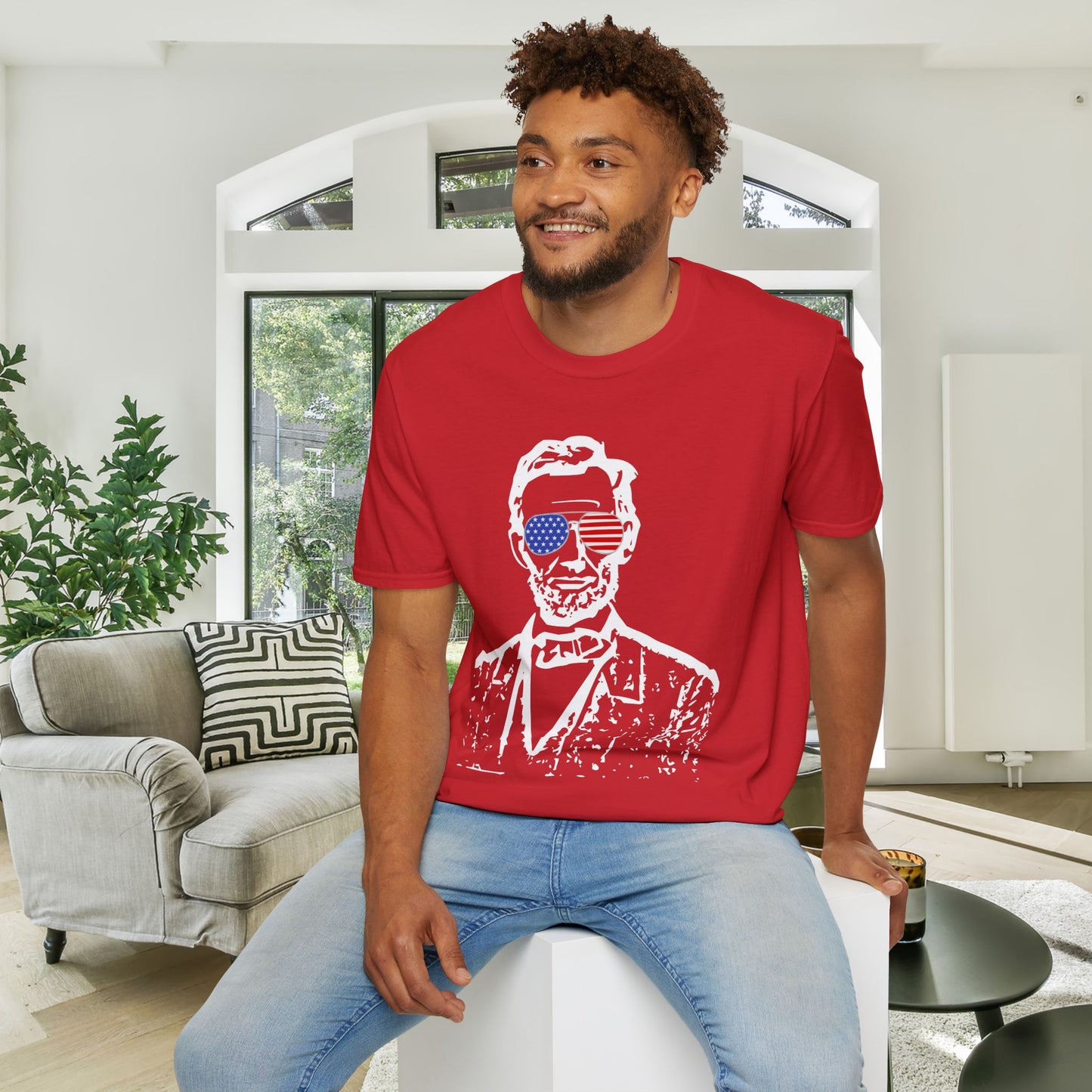 Abraham Lincoln w/Flag Sunglasses Adult T-shirt