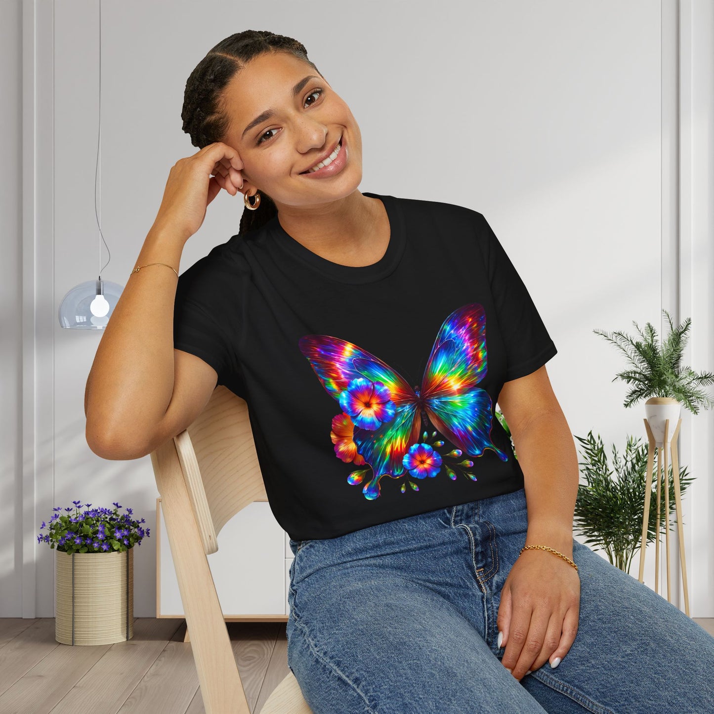 Colorful Butterfly & Flowers Adult T-shirt