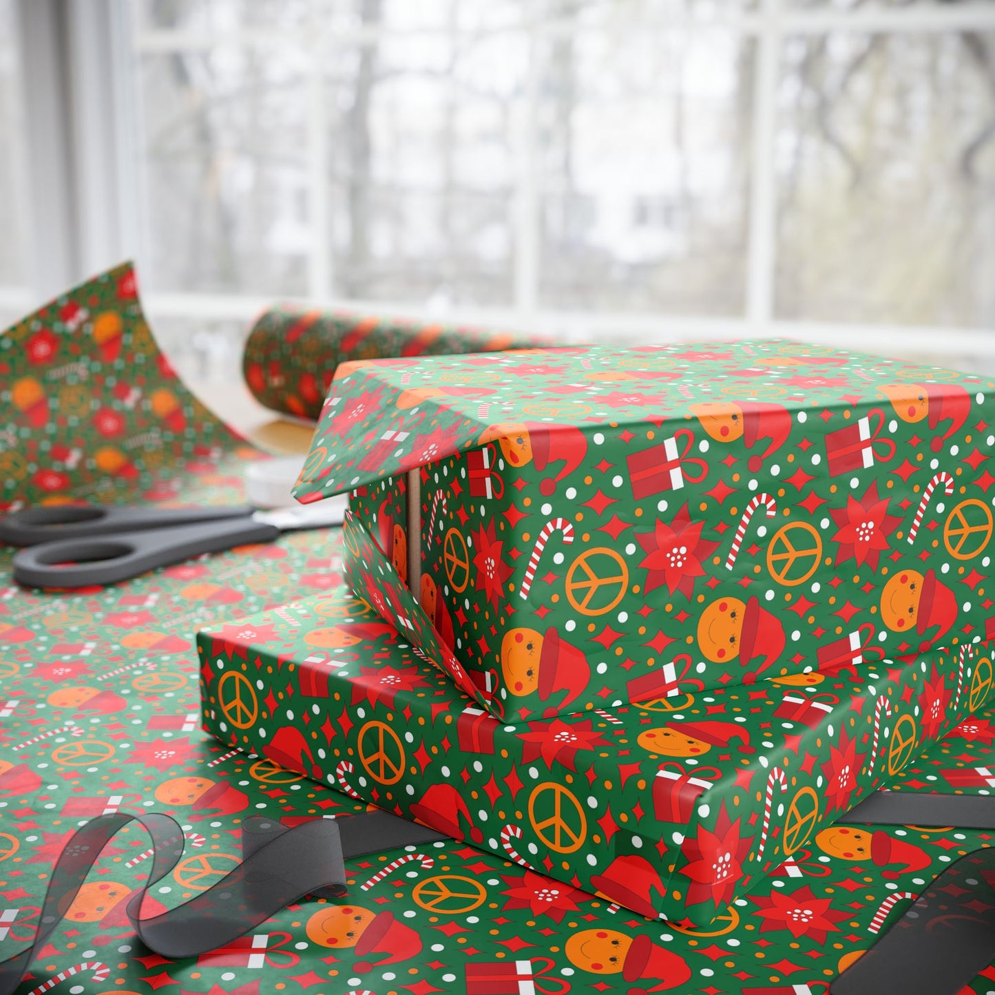 Smiley Face/Santa Hat/Poinsettia Christmas Wrapping Paper