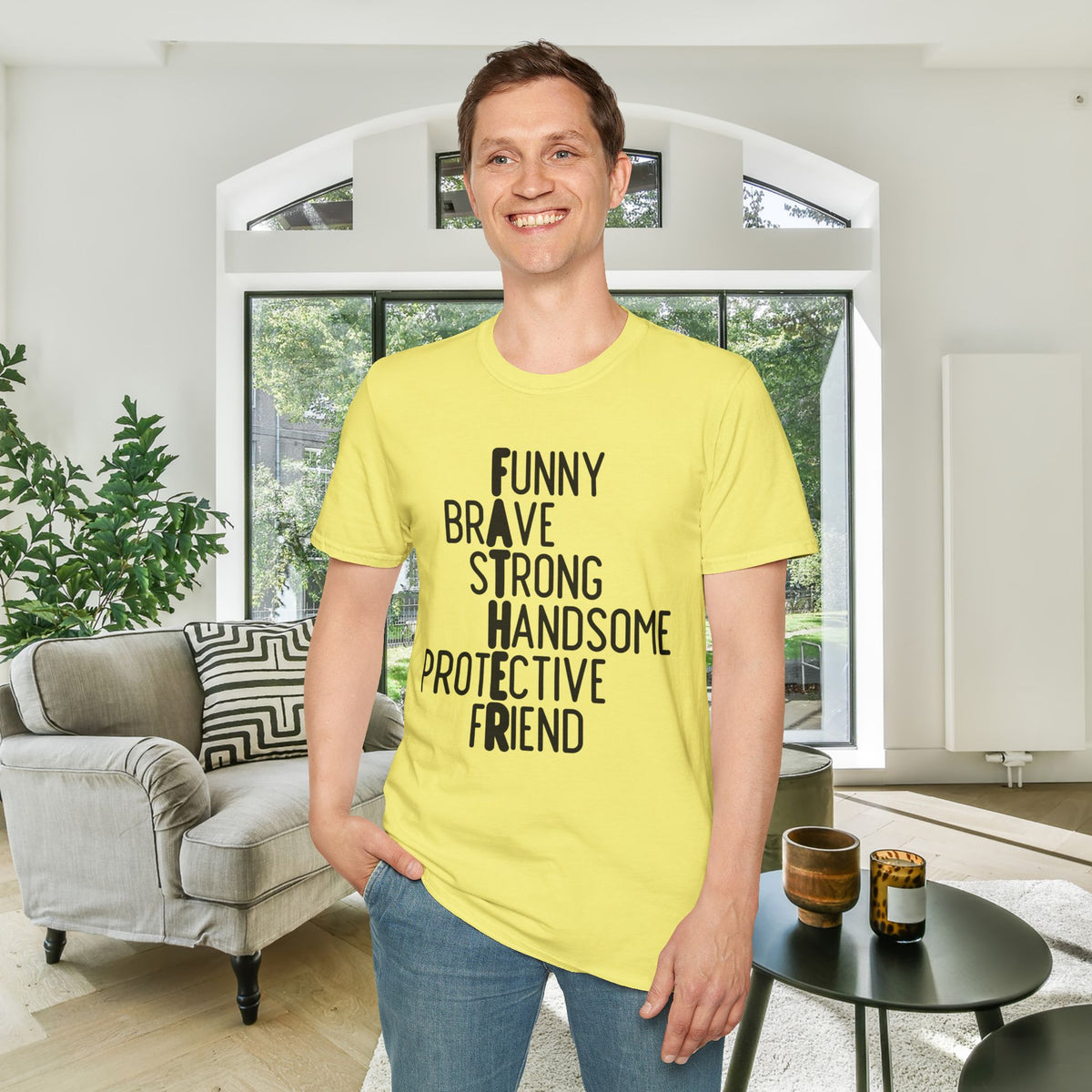 Father: Funny, Brave, Strong, Handsome, Protective, Friend Adult T-shirt