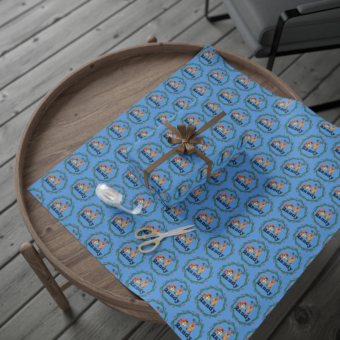 Cute Reindeer Wreath Custom Wrapping Paper (Randy)