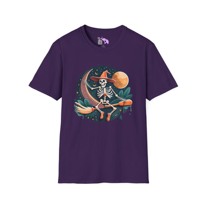 Skeleton Over Moon On Broomstick Adult T-shirt