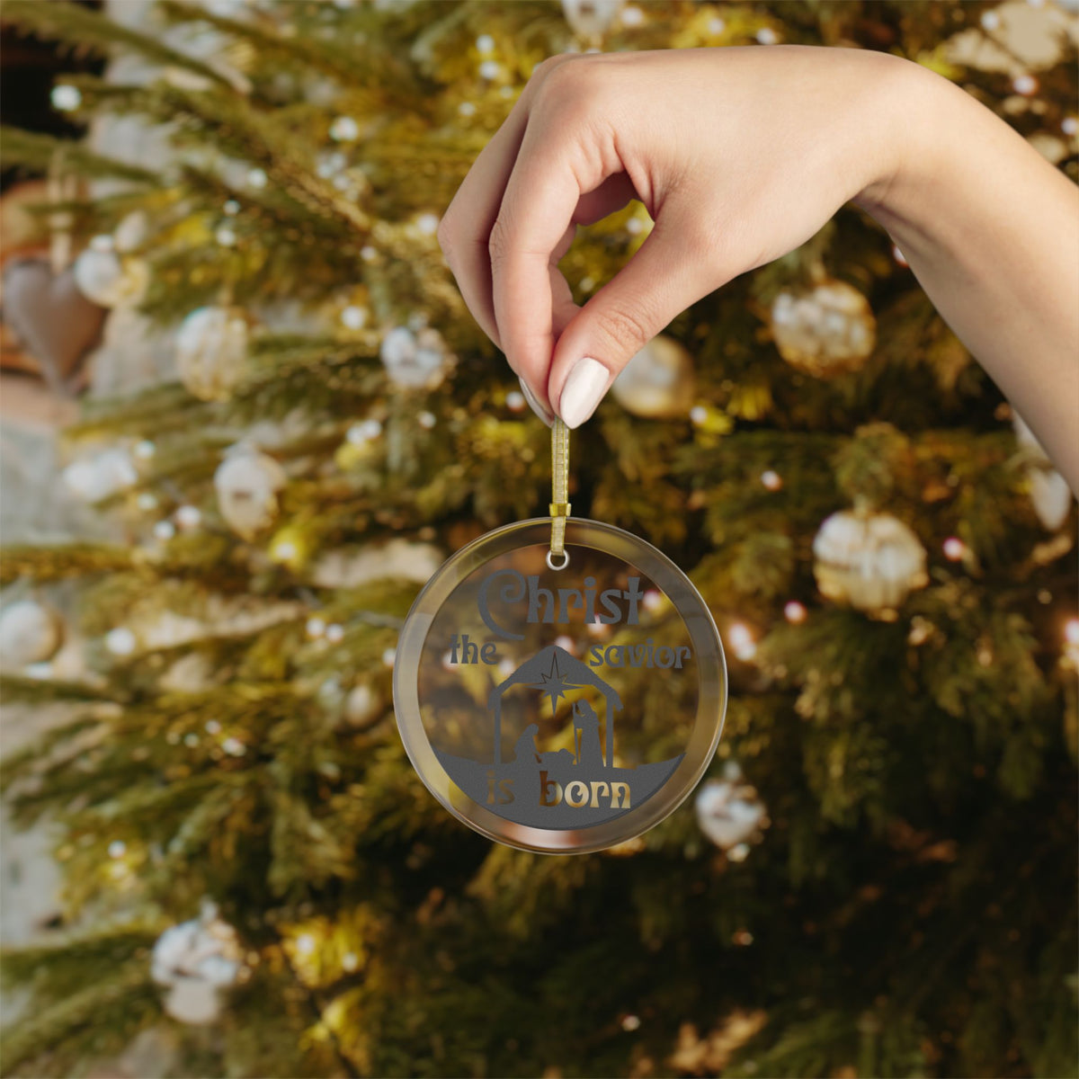 Christ The Savior Is Born (No Background) Glass Ornament