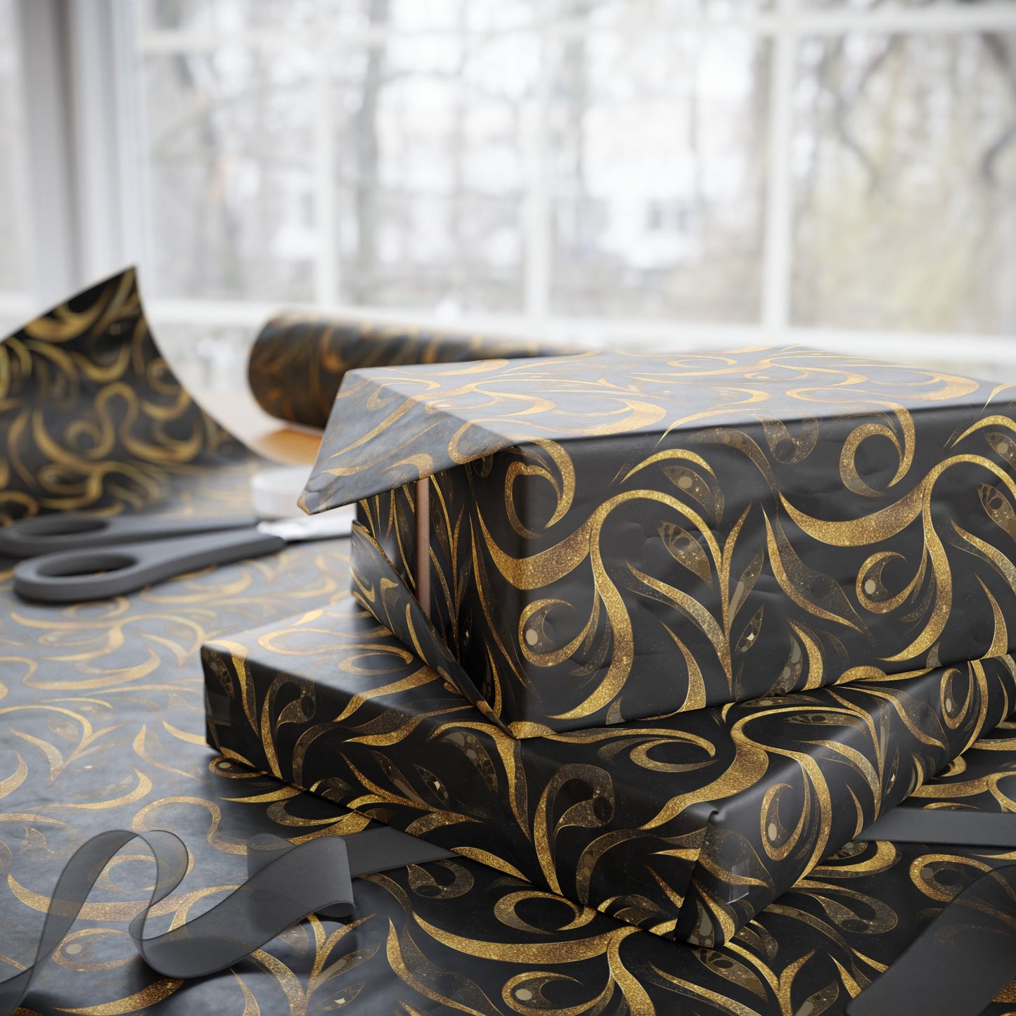 Golden Noir Swirl Wrapping Paper