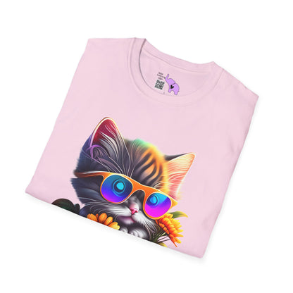 Cool Colorful Kitten in Flowers Adult T-shirt