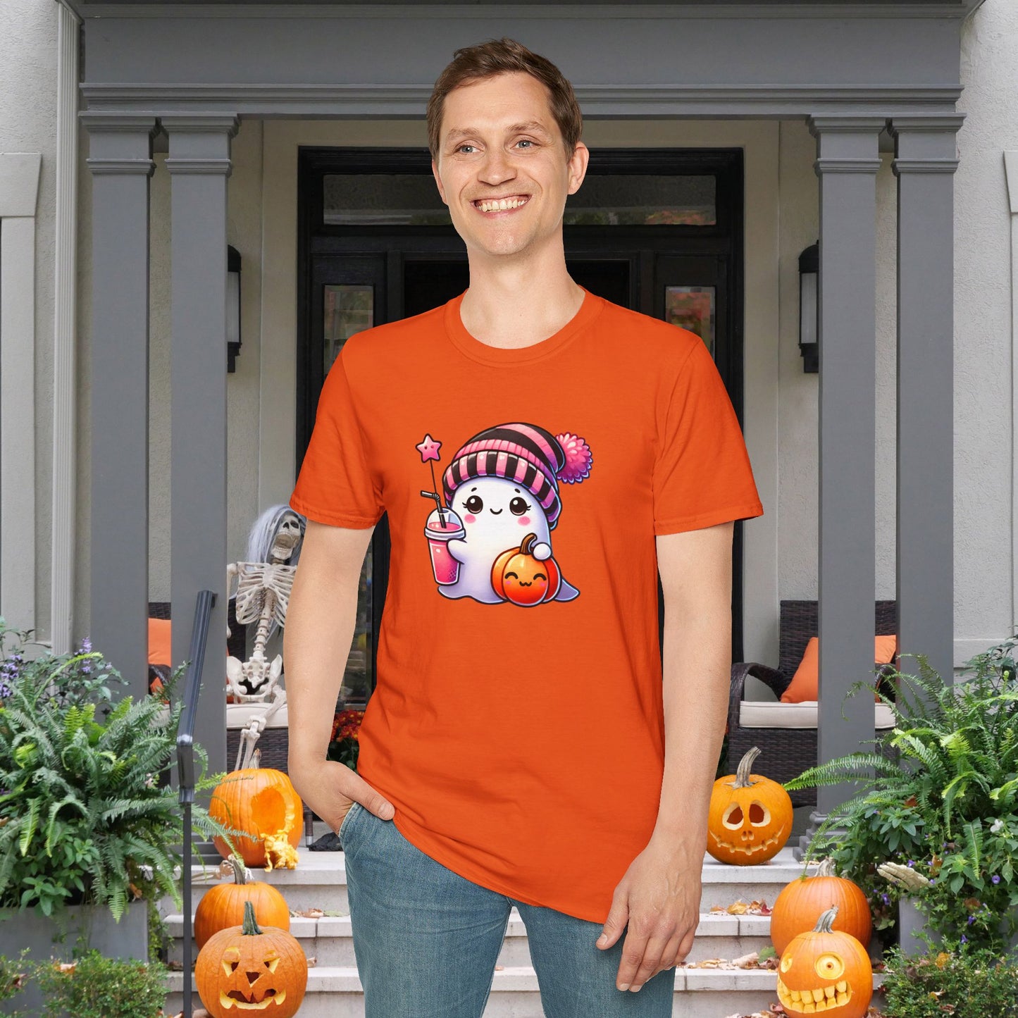 Cute Ghost w/Pumpkin and Pink Drink Adult T-shirt