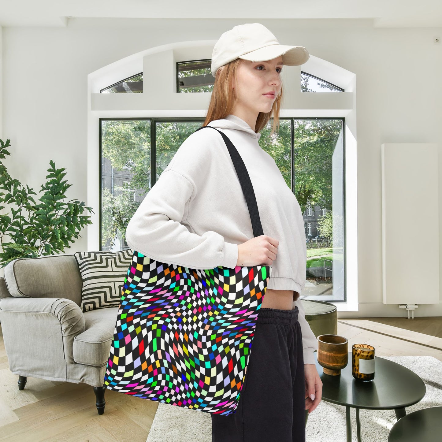 Warped Colorful Checkered Canvas Tote Bag
