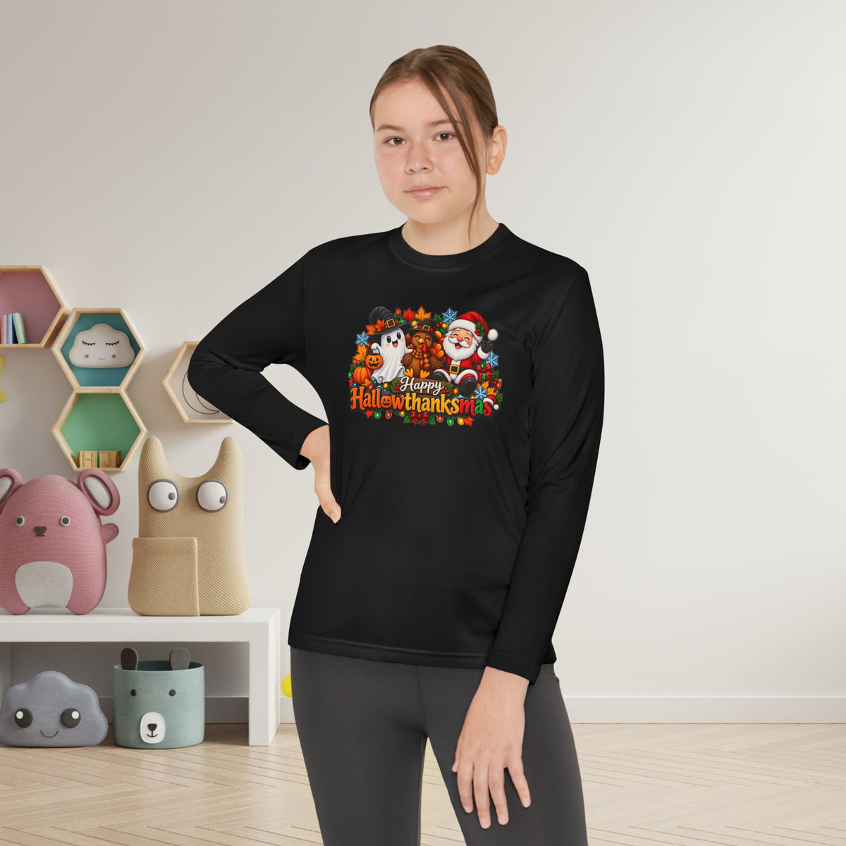 Happy Hallowthanksmas (Ghost/Turkey/Santa) Youth Long Sleeve Tee