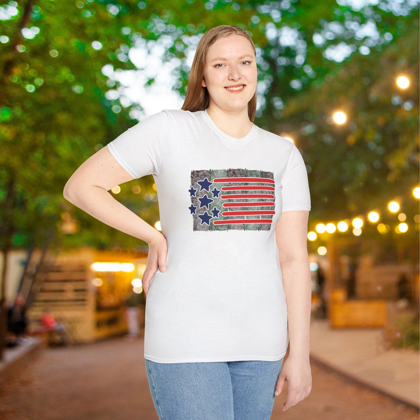 American Flag Over Camo Adult T-shirt