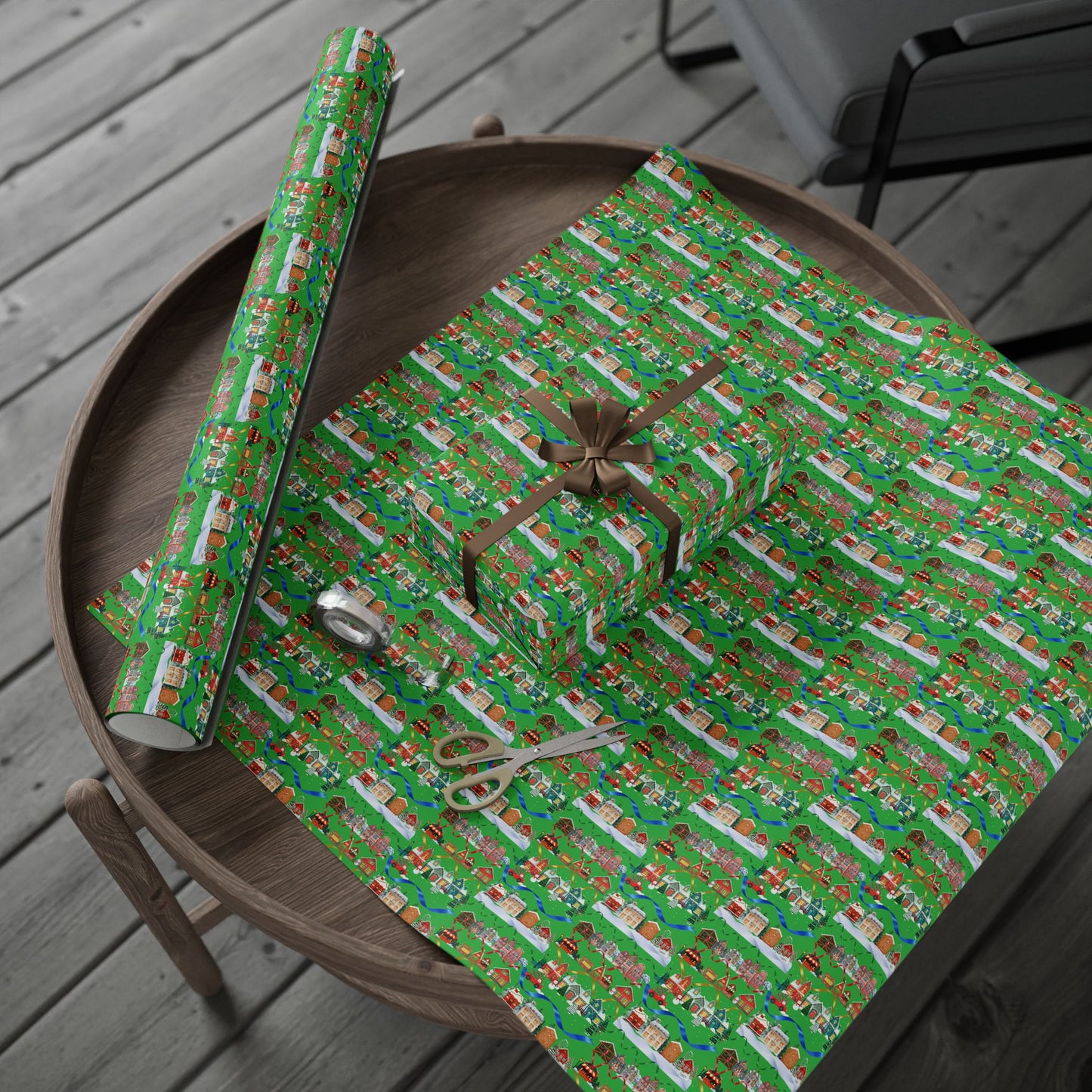 Colorful Christmas Village Green Wrapping Paper