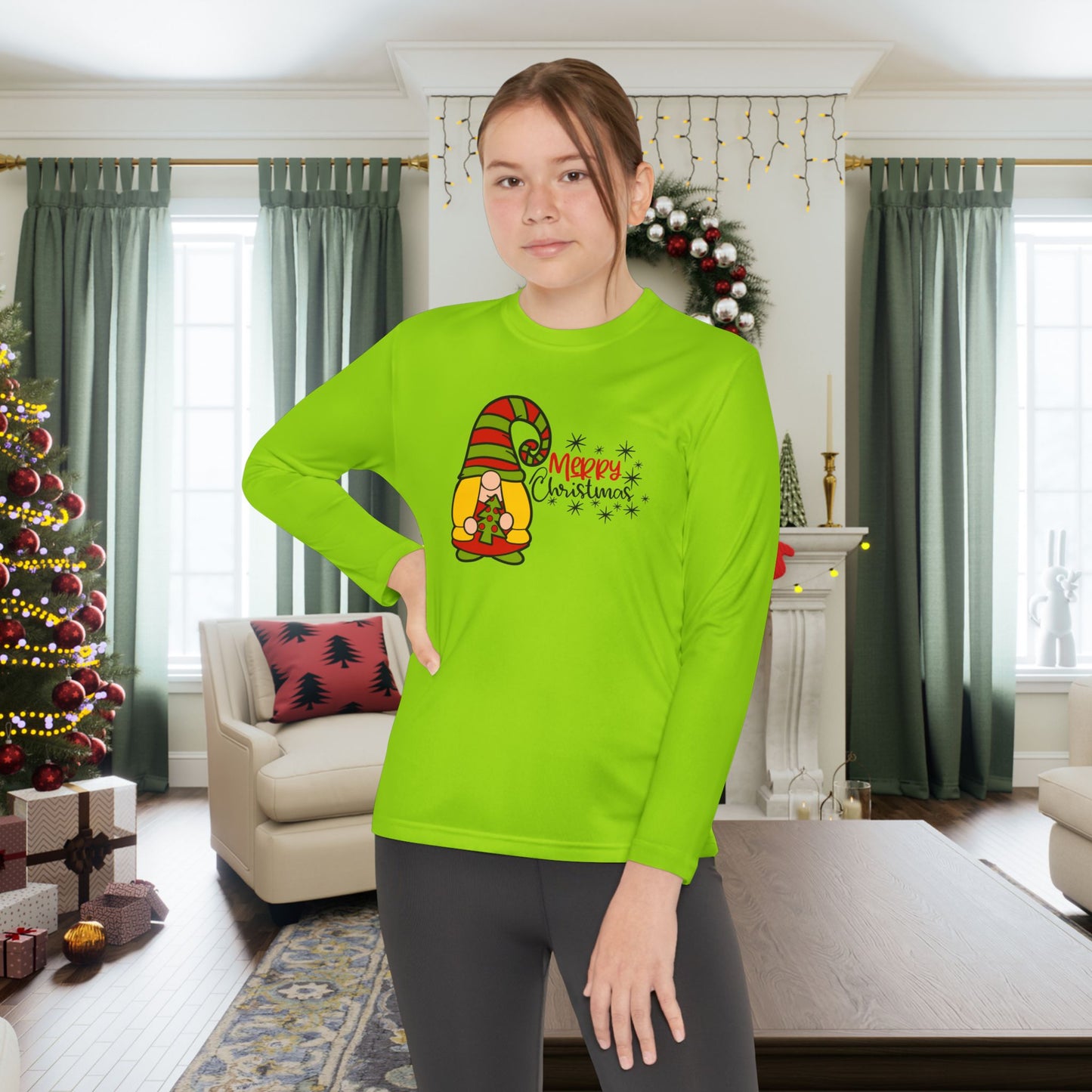 Merry Christmas Girl Gnome Youth Long Sleeve Tee