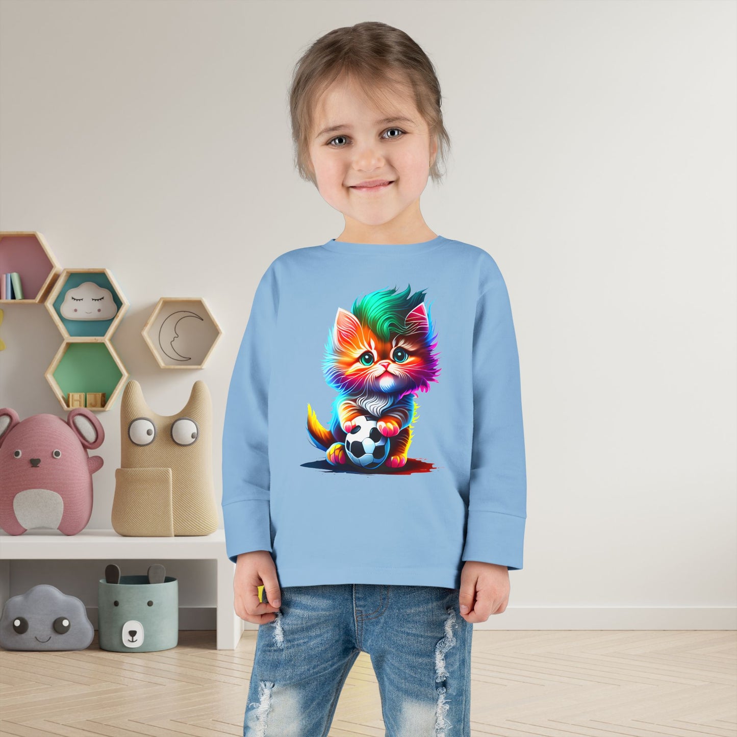 Cute Colorful Kitten w/Soccer Ball Toddler Long Sleeve Tee