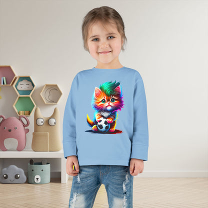 Cute Colorful Kitten w/Soccer Ball Toddler Long Sleeve Tee