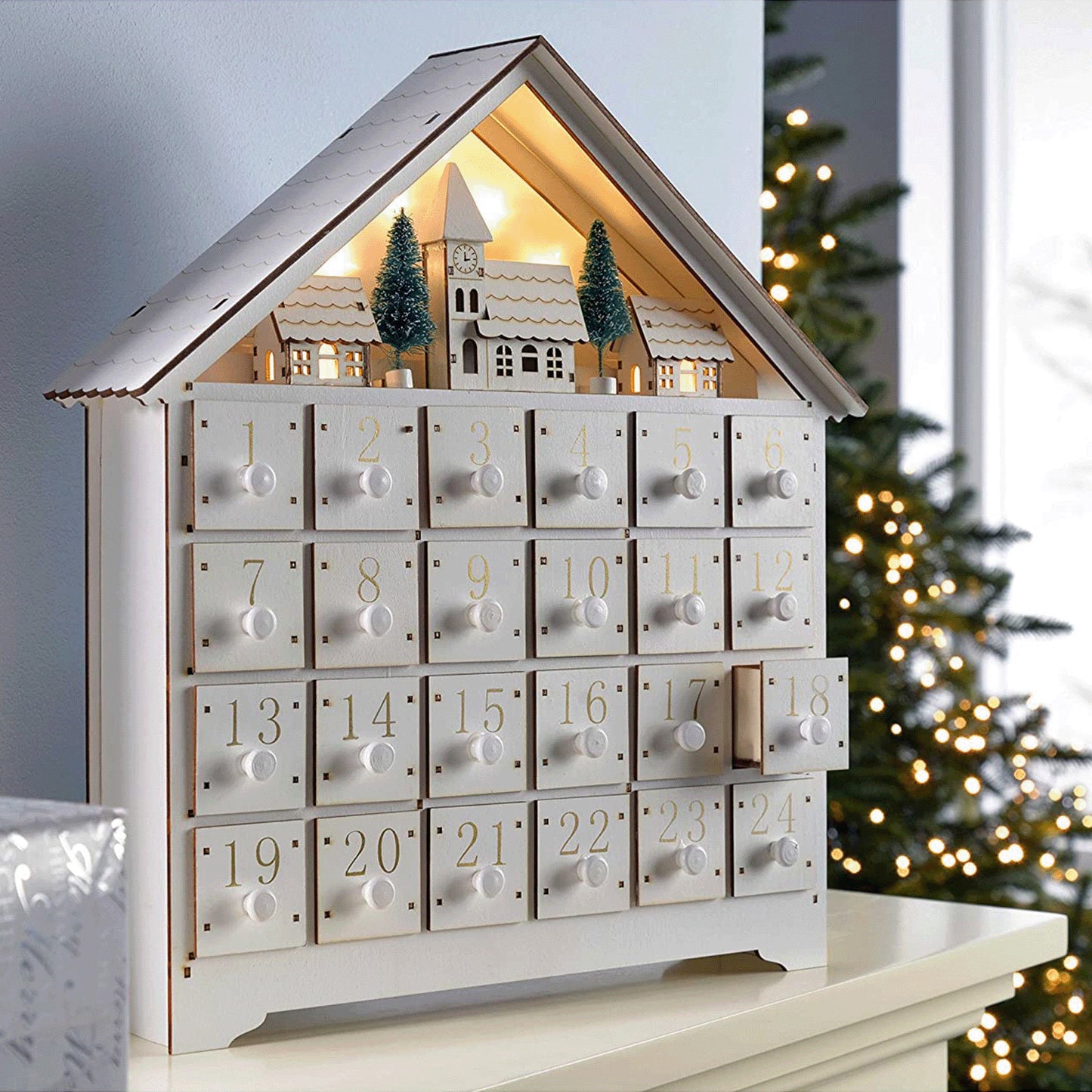 Wooden Advent Calendar with 24 Drawers & Lighted Christmas Village