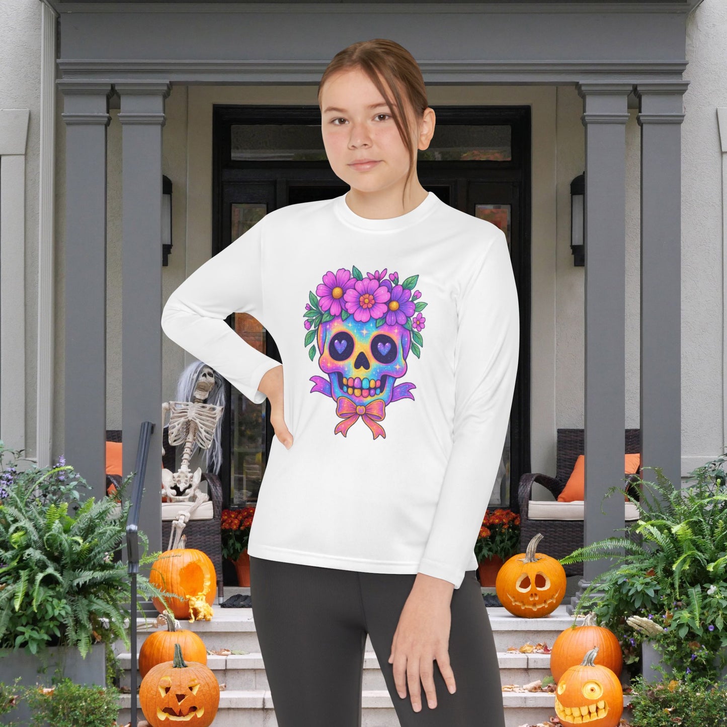 Neon Sugar Skull w/Floral Crown Youth Long Sleeve Tee