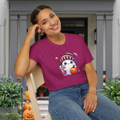 Cute Ghost w/Pumpkin and Pink Drink Adult T-shirt