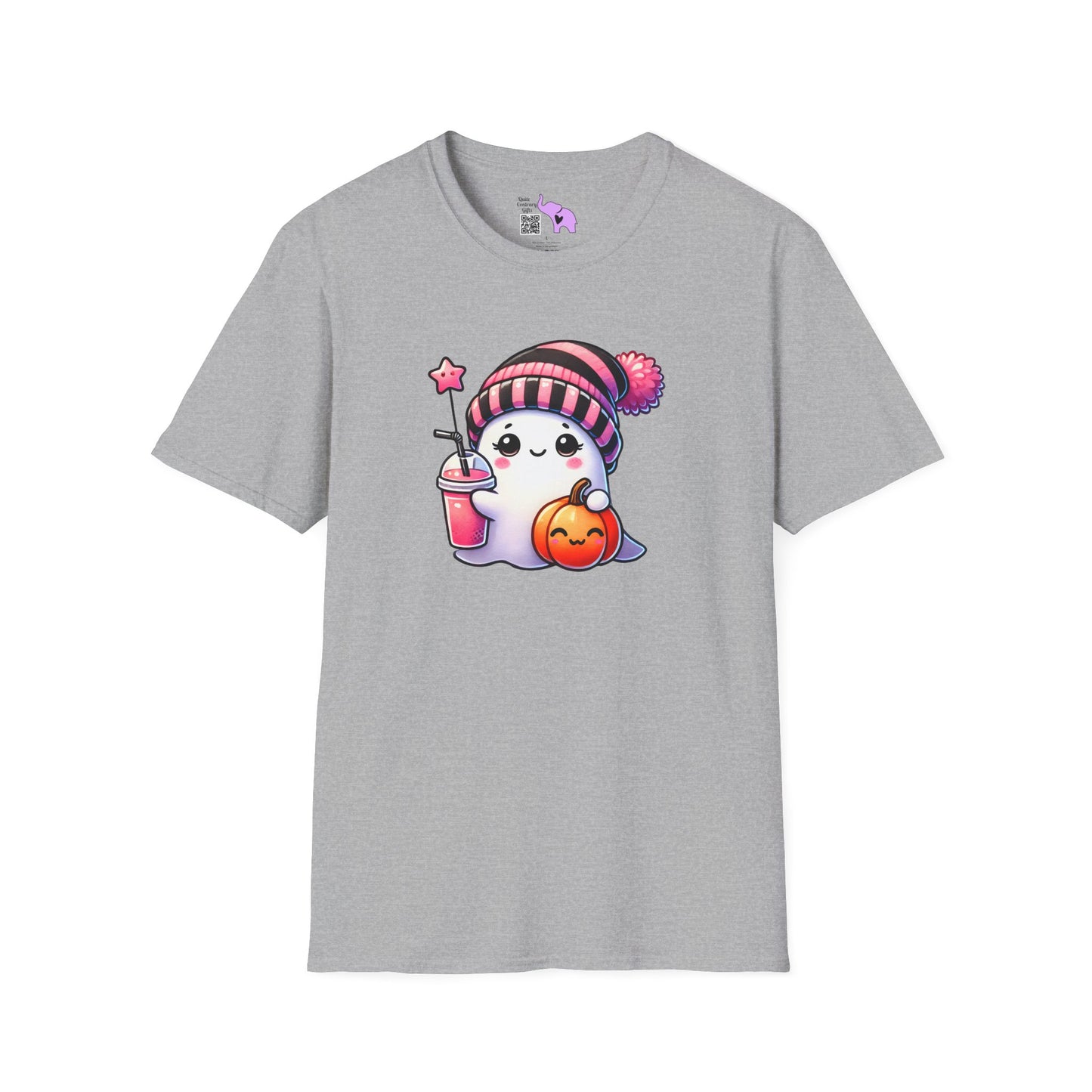 Cute Ghost w/Pumpkin and Pink Drink Adult T-shirt