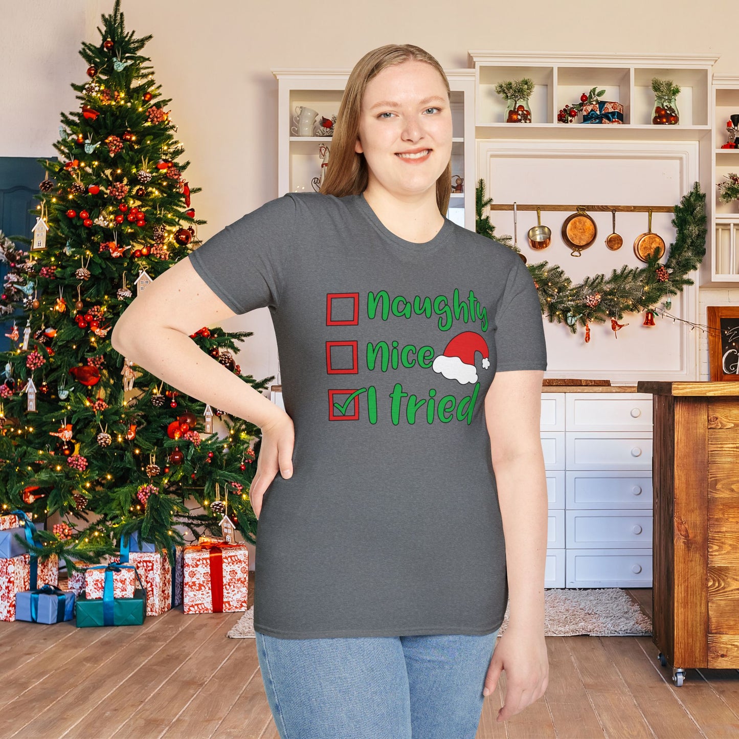 Naughty; Nice; I Tried Crew Adult T-shirt