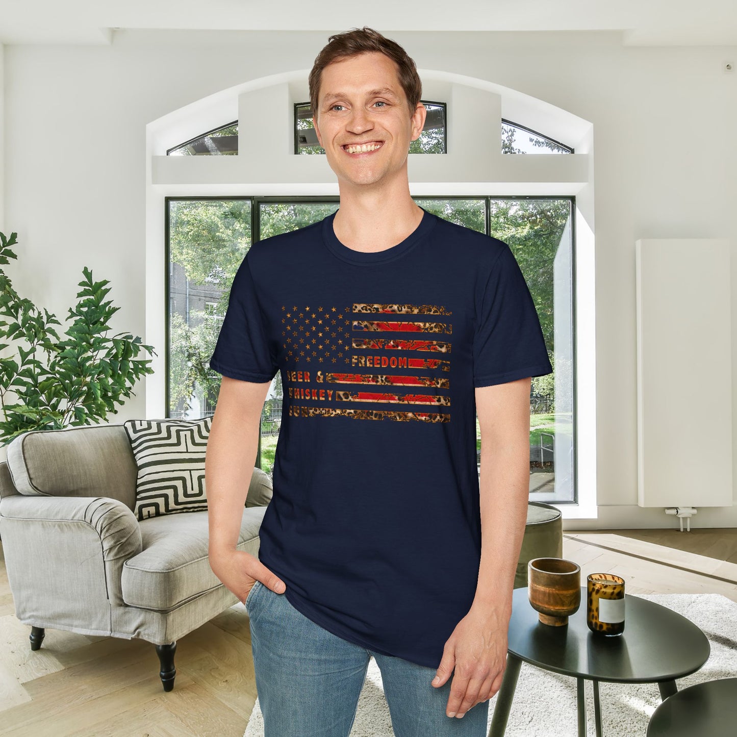 Freedom, Beer & Whiskey, Guns American Flag Adult T-shirt