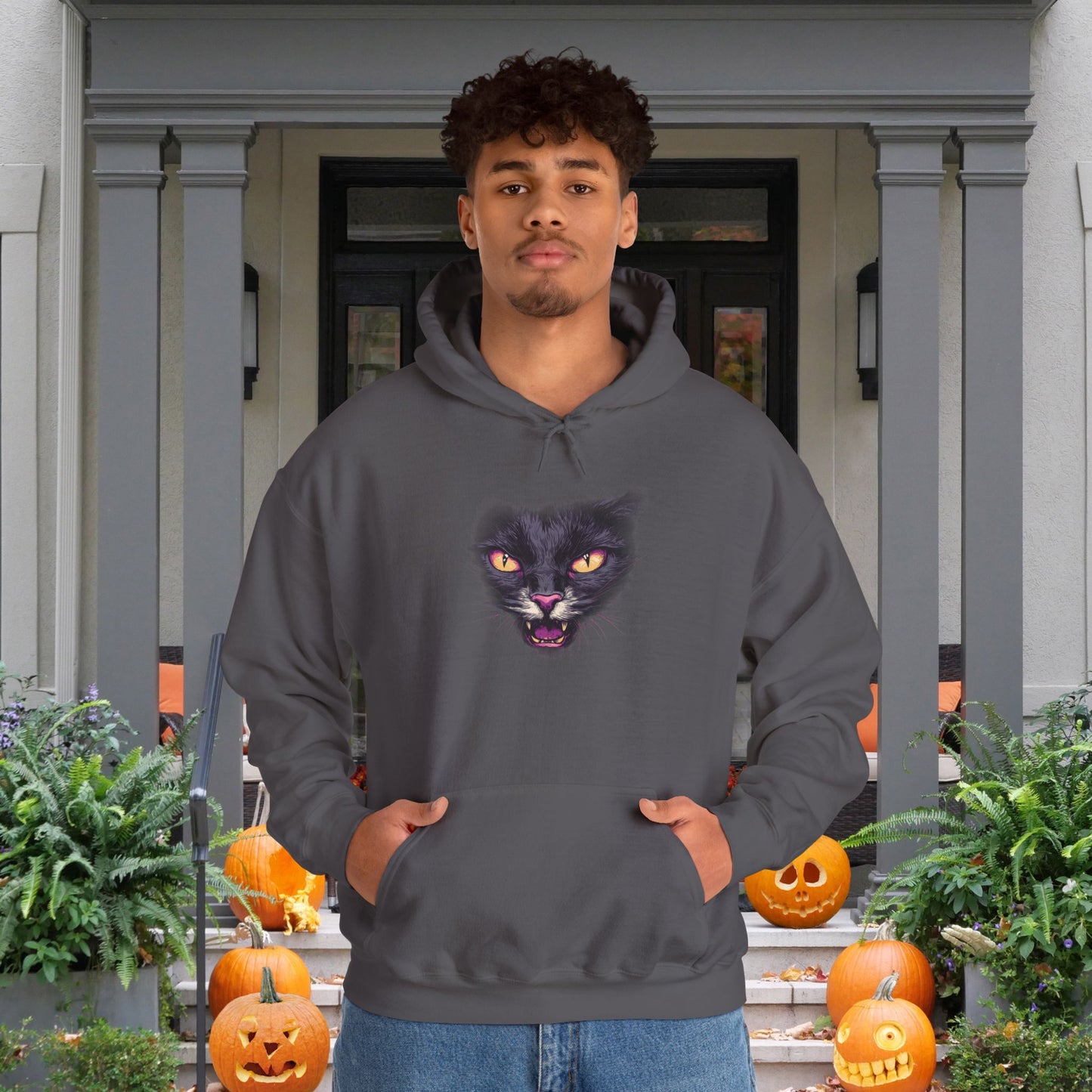 Black Cat Face Heavy Blend™ Hooded Sweatshirt
