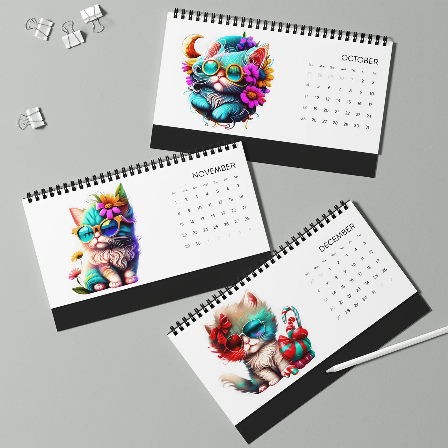 2026 Colorful Cat Desktop Calendar — Cute Kitten Monthly Grid Planner