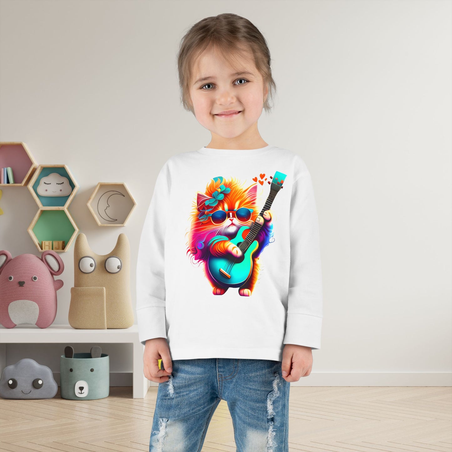 Colorful Guitar Kitten Toddler Long Sleeve Tee