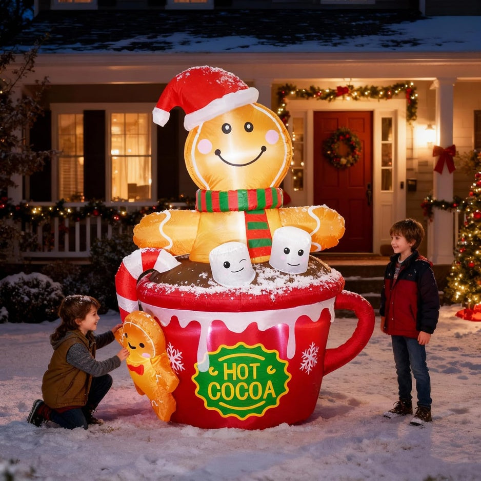 6 FT Lighted Gingerbread Man in Hot Cocoa Mug Christmas Inflatable ...