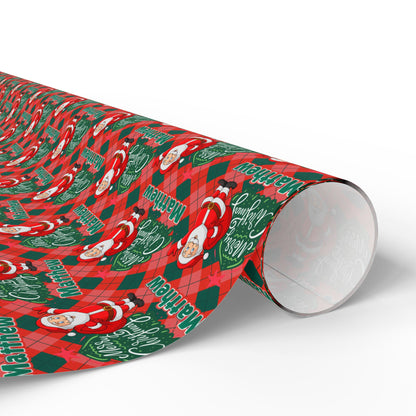 Red/Green Plaid Santa & Tree Custom Name Wrapping Paper (Matthew)