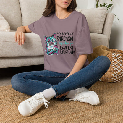 ""My Level of Sarcasm Depends on Your Level of Stupidity (Cat) Adult T-shirt