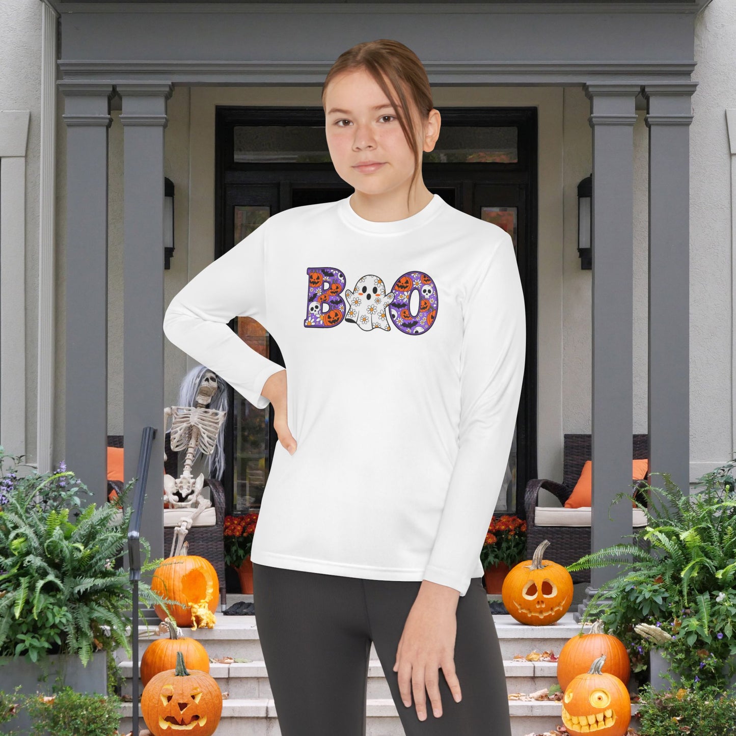 Cute Floral Boo w/Ghost Youth Long Sleeve Tee