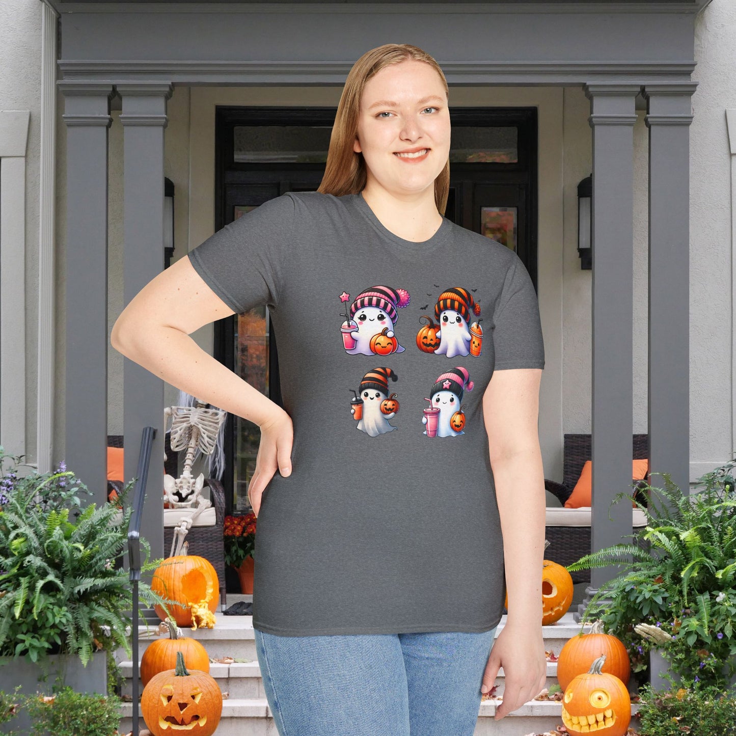 Cute Ghosts w/Pumpkins Adult T-shirt